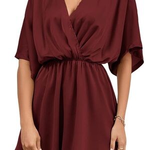 Women's Satin V Neck Flowy Short Sleeve Elegant Dress